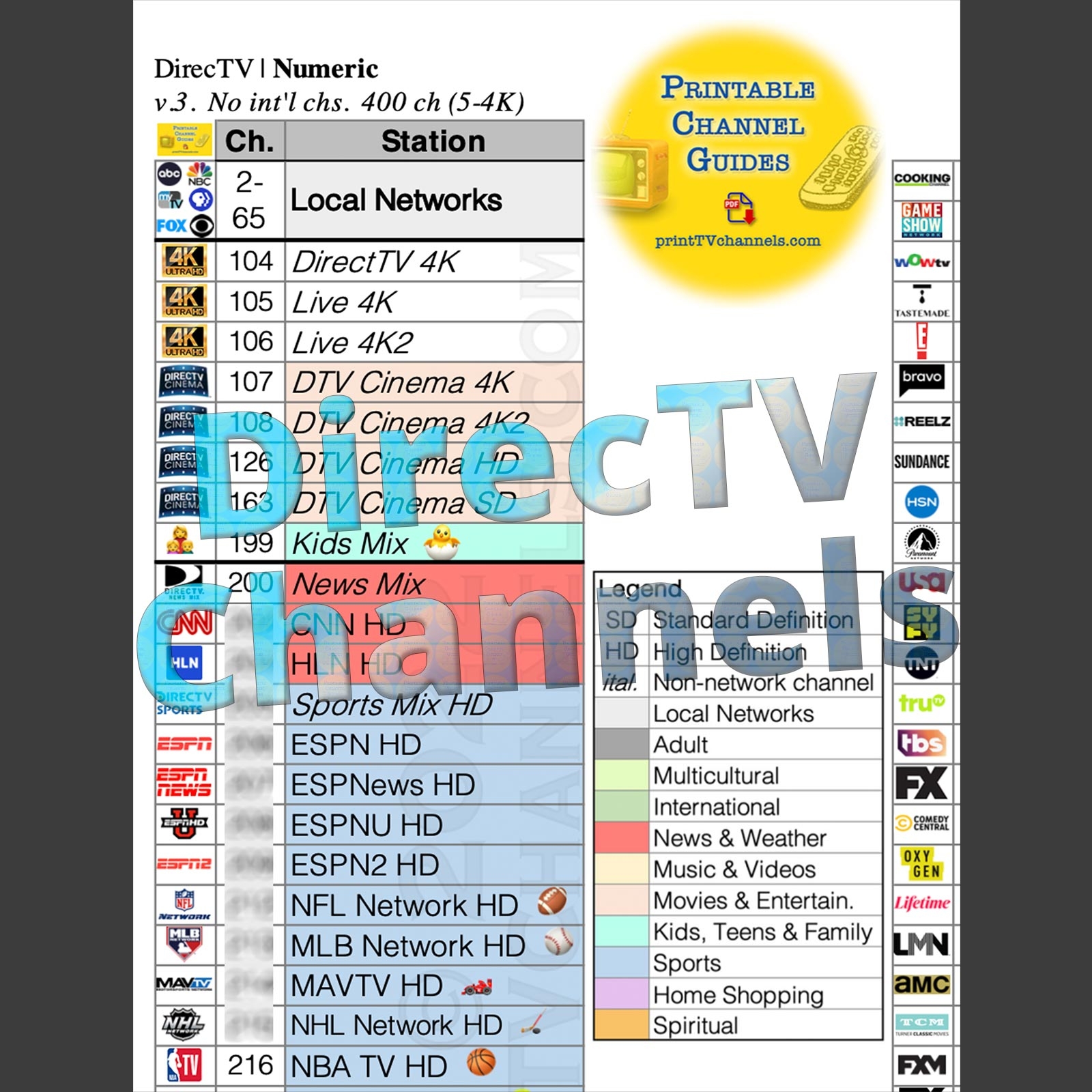 Directv Now Channel Guide Printable
