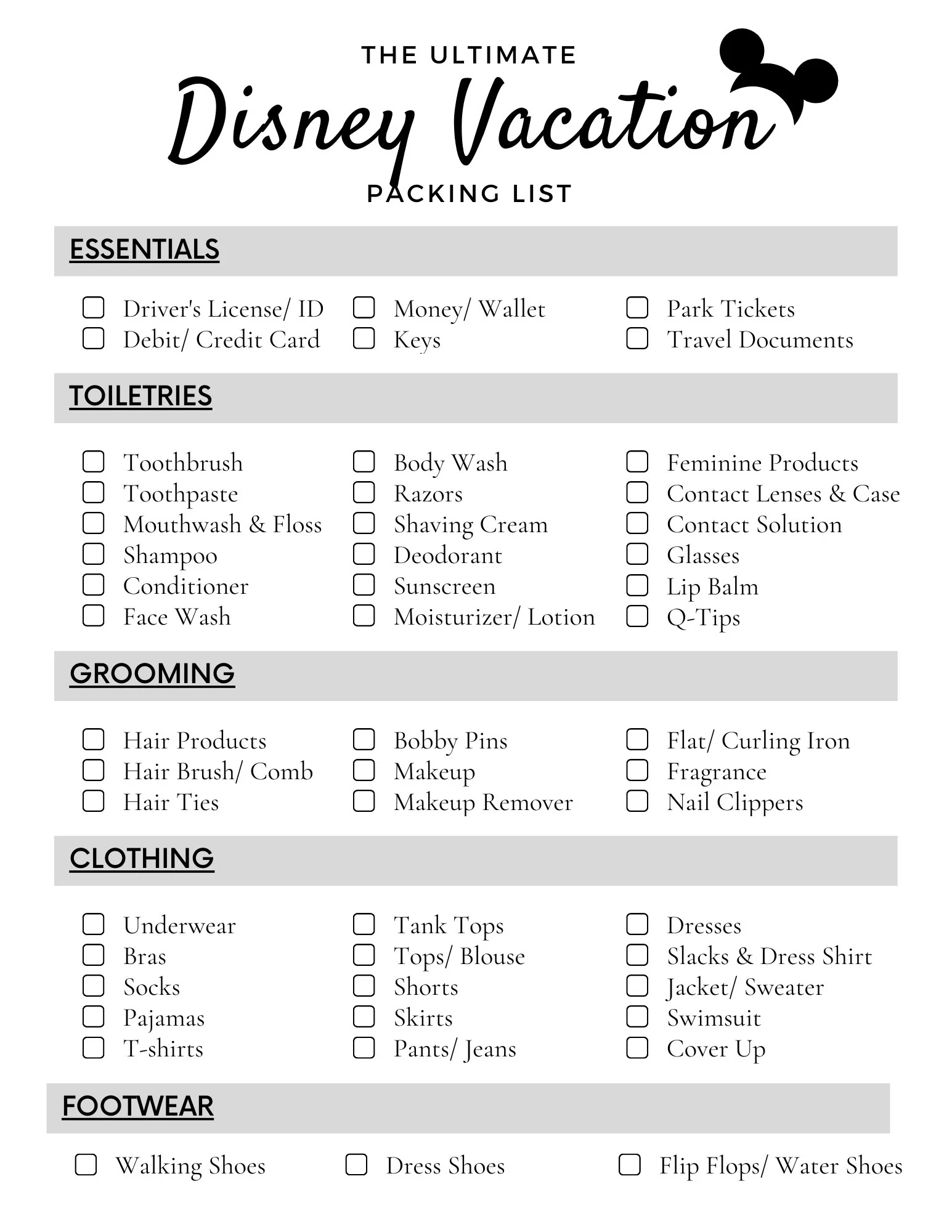 Printable Packing Lists For Disney Vacation