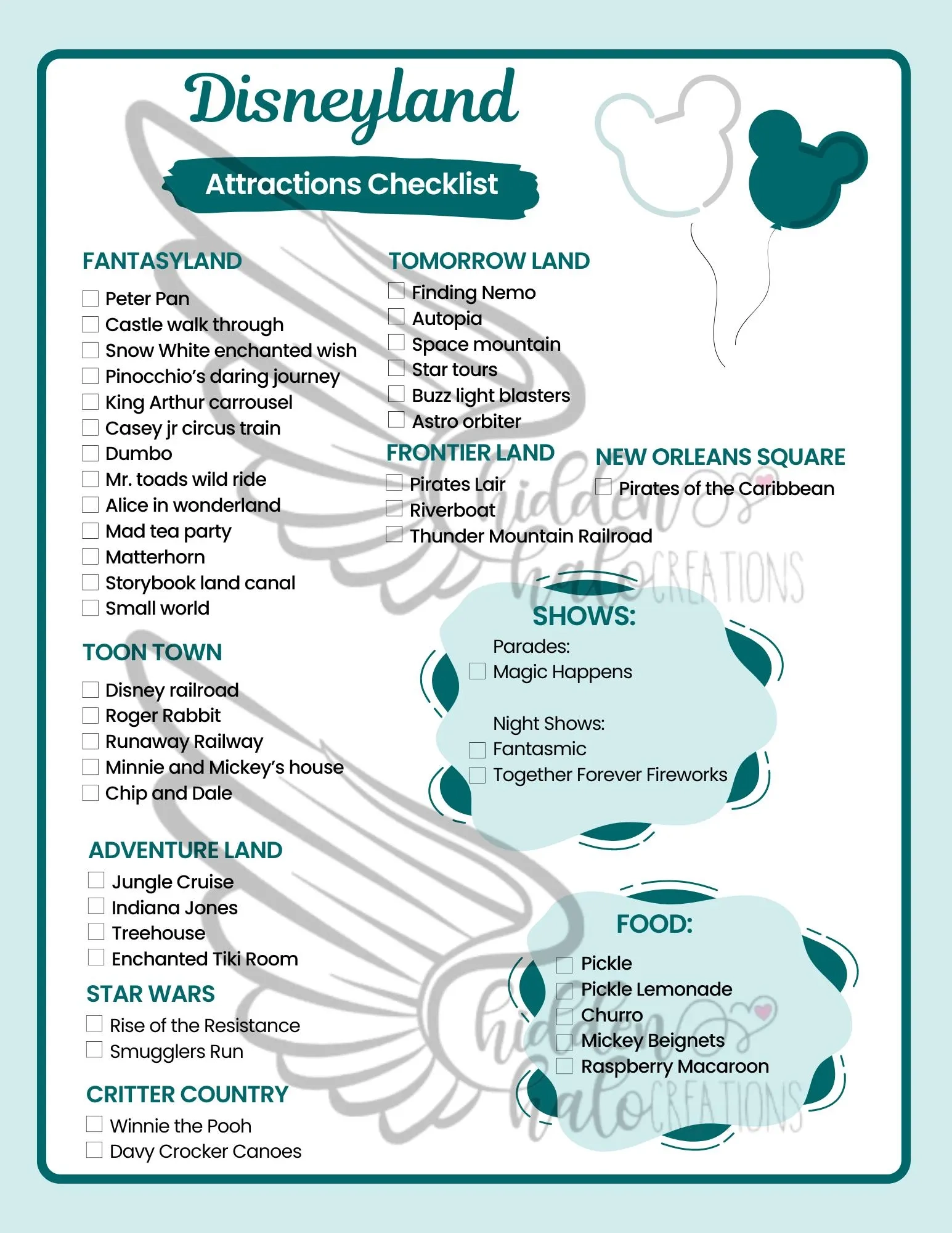 Disneyland And California Adventure Editable Ride Attractions Shows Food Checklist Etsy
