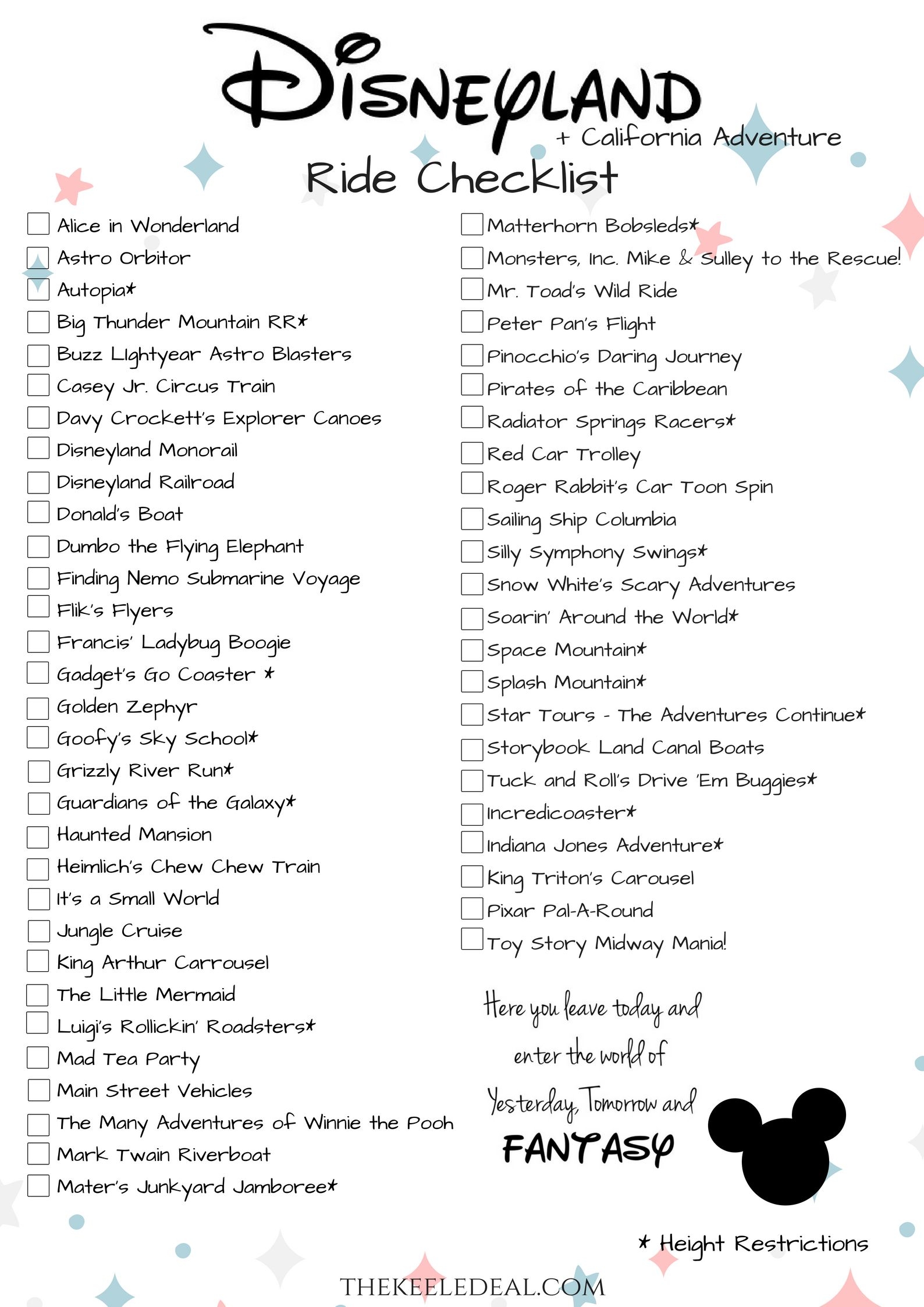 Disneyland Ride Checklist Free Printable The Keele Deal