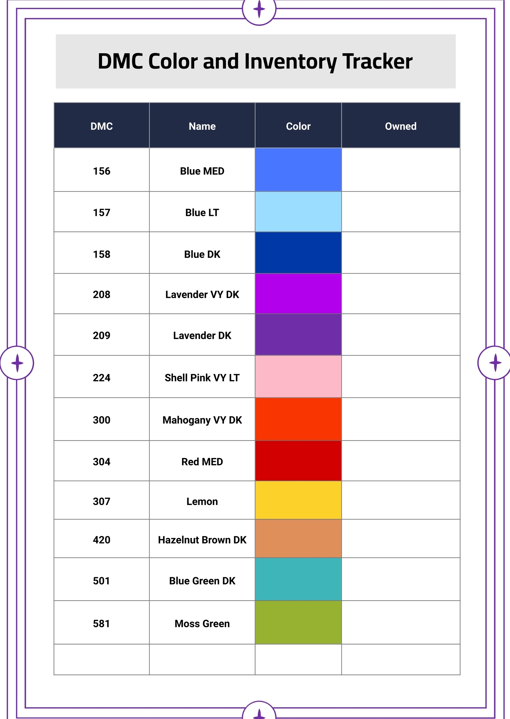 DMC Color Chart And Inventory In Illustrator PDF Download Template