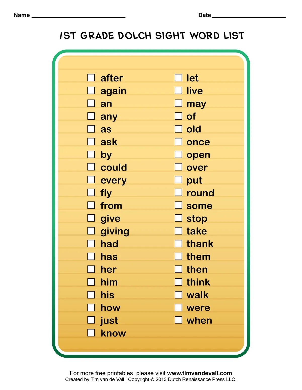 Dolch Sight Words Printable Printable Party Favors Dolch Sight Words Printable Printable Party Favors