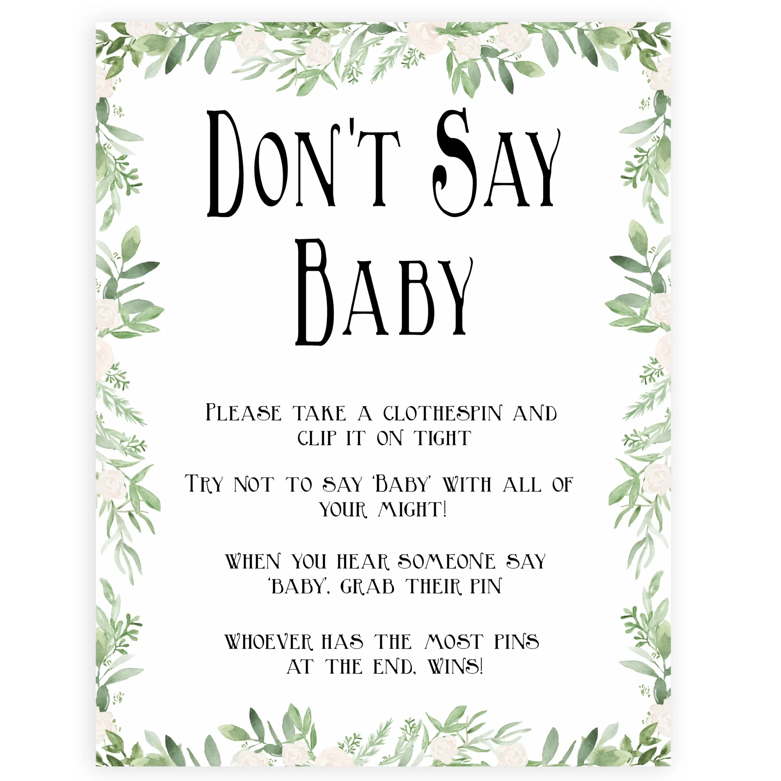 Don t Say Baby Game Greenery Printable Baby Shower Games OhHappyPrintables