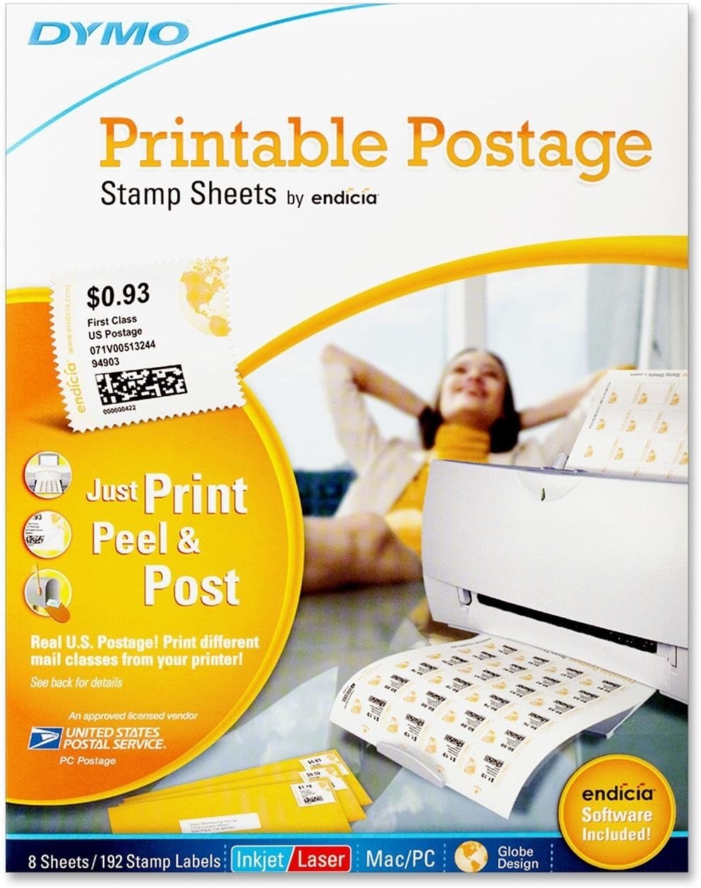 DYMO Brandclub Dymo 1750042 Authentic Printable Postage Stamp Sheets By Endicia For Inkjet Or Laser Printers 8 Sheets 192 Stamp Labels Mac PC Software Included