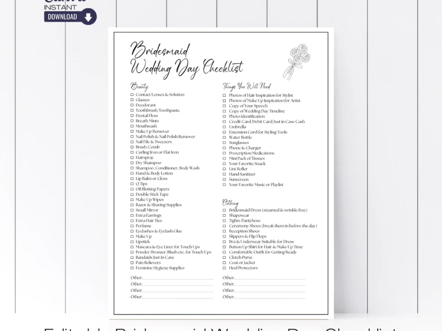 Editable Bridesmaid Wedding Day Checklist Printable Bridal Party Info PDF Etsy