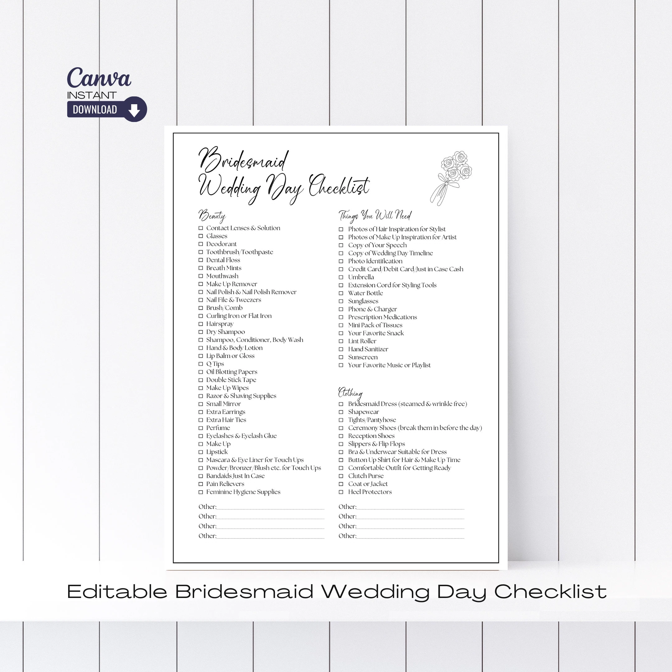 Editable Bridesmaid Wedding Day Checklist Printable Bridal Party Info PDF Etsy