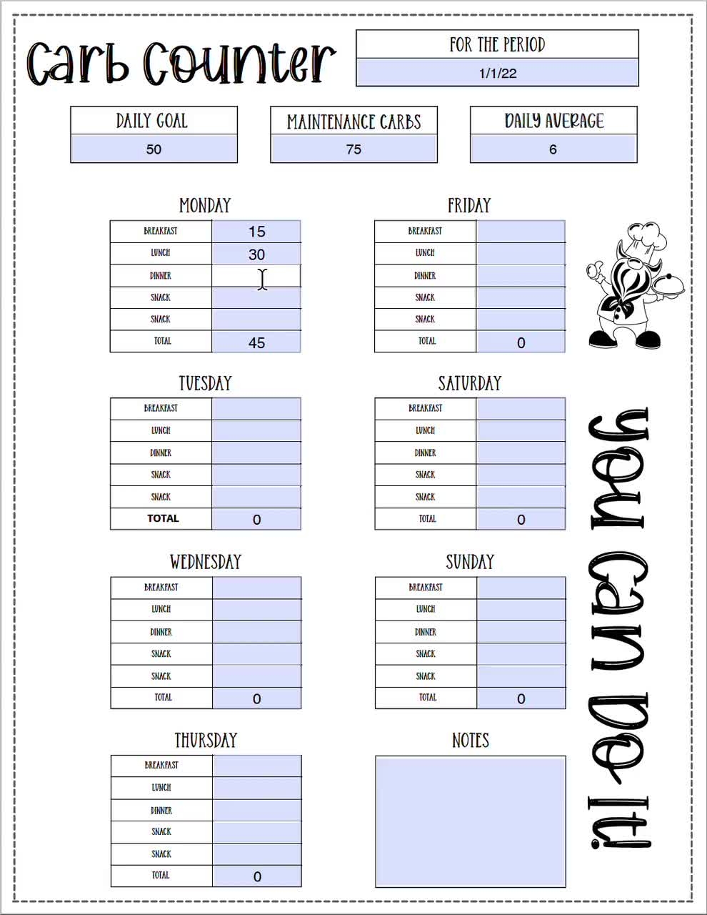 Diabetic Carb Counting Chart Printable