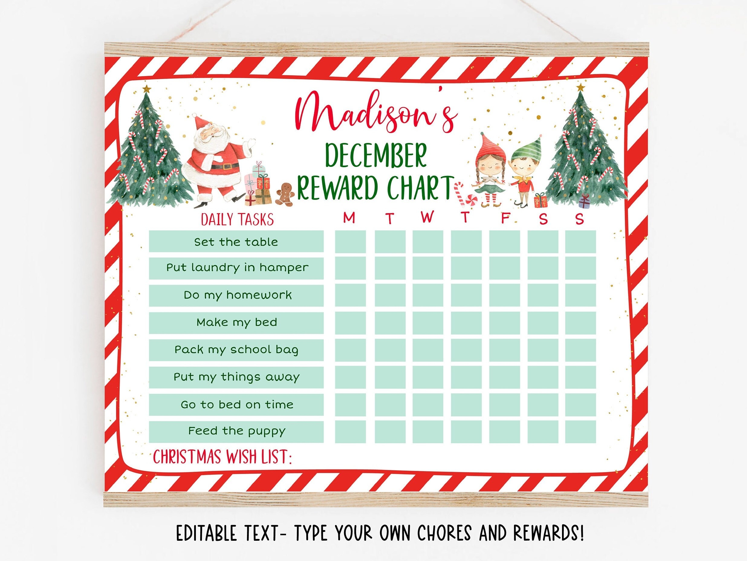 Editable Christmas Elf Reward Chart Christmas Behavior Chart Boy Or Girl December Reward Chart Christmas Wish List For Santa A684 Etsy