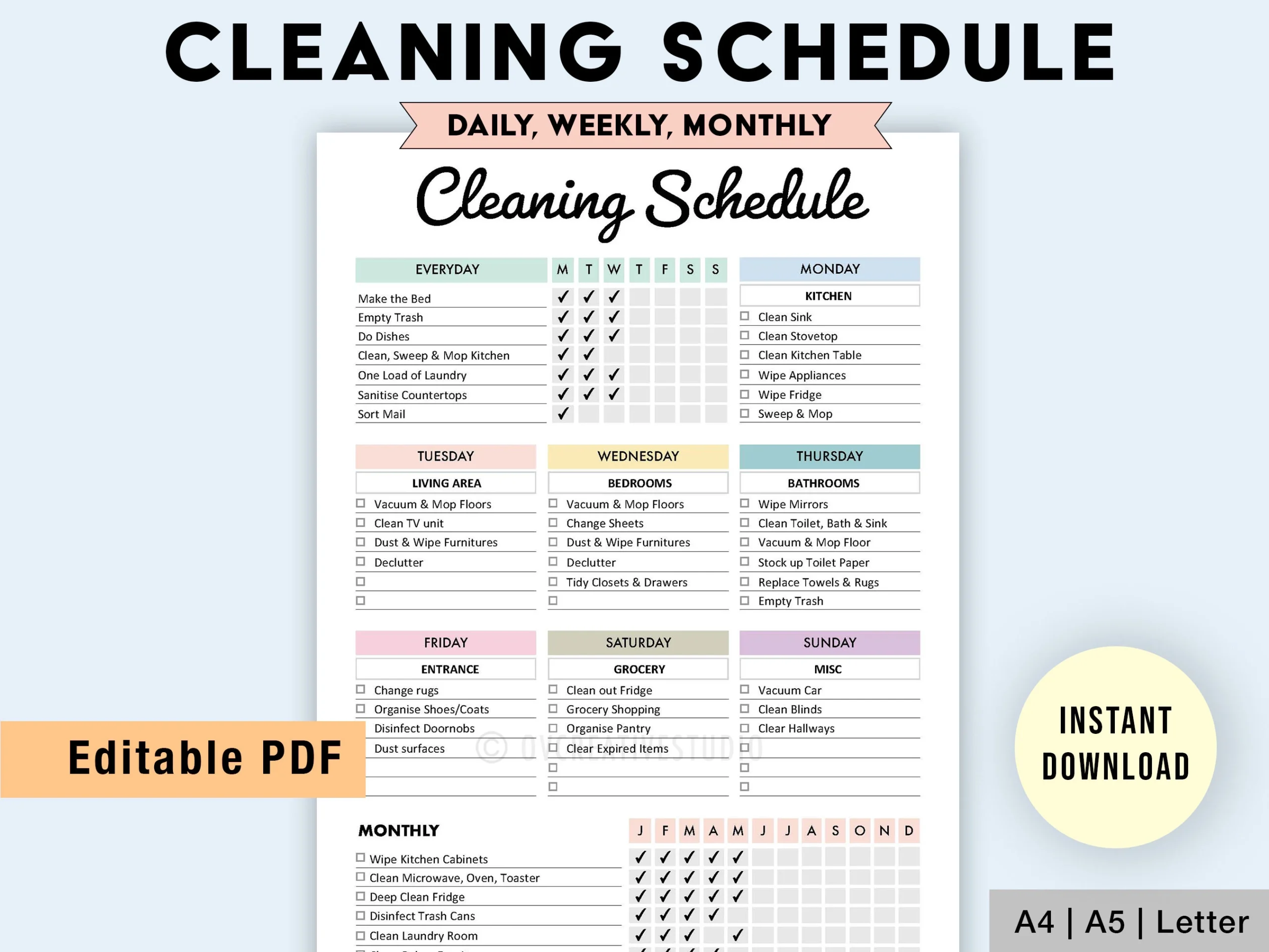 Editable Cleaning Schedule Printable Cleaning Checklist Daily Weekly Monthly Cleaning Planner Chore Chart Printable Digital PDF Etsy