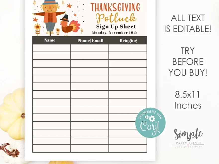 Editable Fall Festival Volunteer Sign Up Sheet Instant Printable Thanksgiving Potluck Sign Up Template Community Church Or School Event Etsy