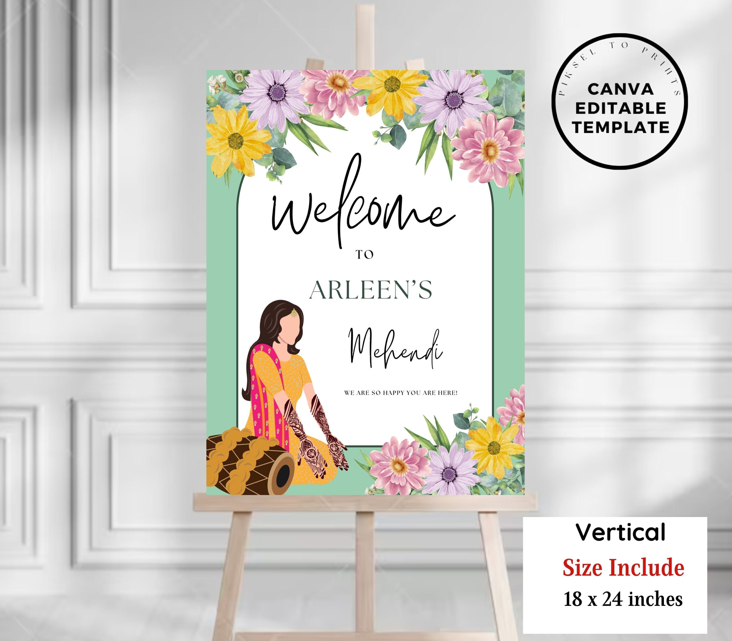 Editable Mehndi Welcome Sign Bollywood Floral Decor digital Download Canva Template 18x24 Inches Etsy