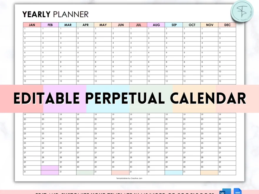 EDITABLE Perpetual Calendar Undated Annual 12 Month Planner