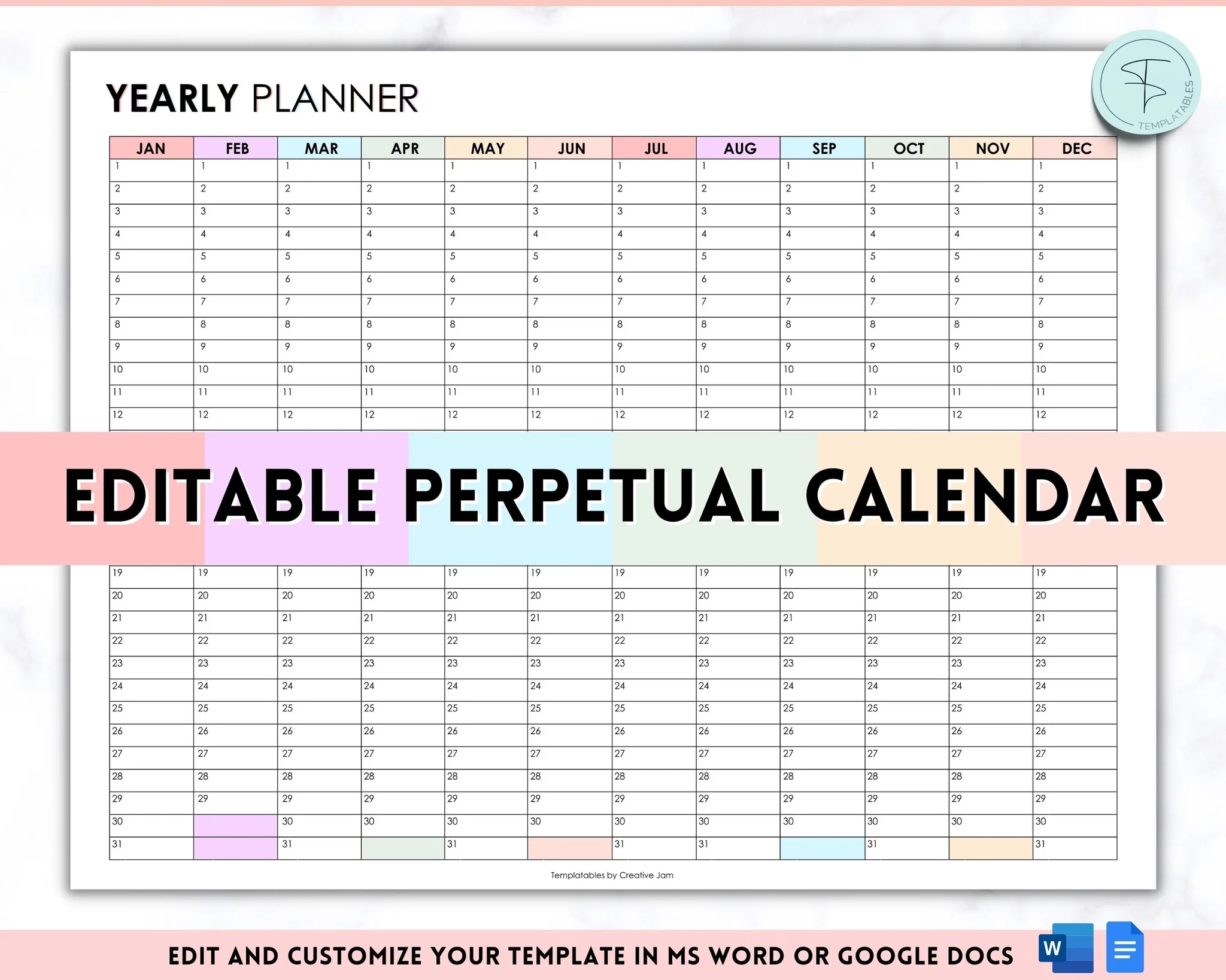 EDITABLE Perpetual Calendar Undated Annual 12 Month Planner