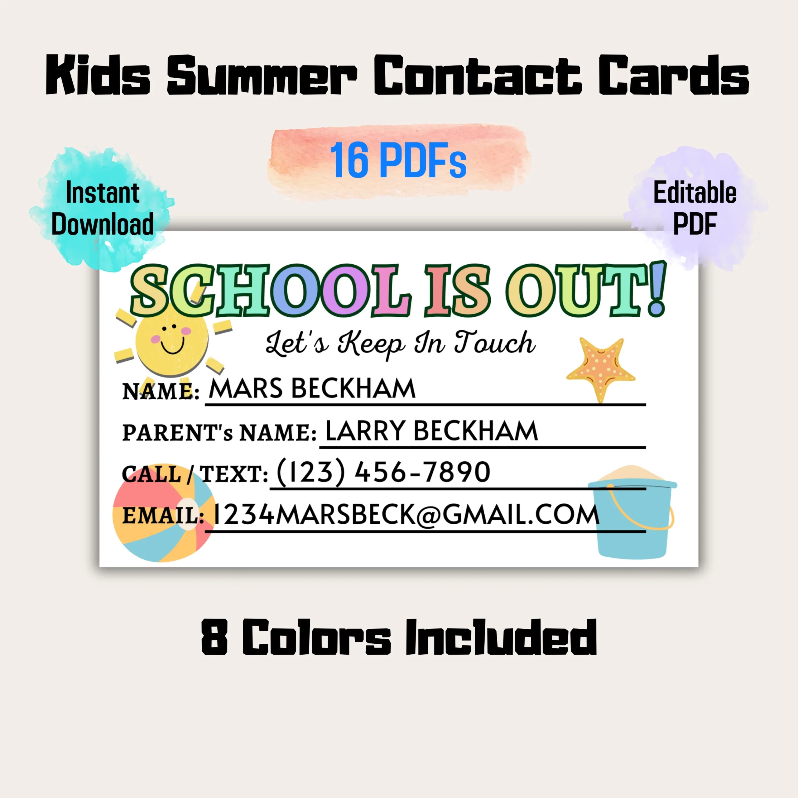 Editable Printable Kids Summer Contact Card Play Date Calling Card K Funny Print For You