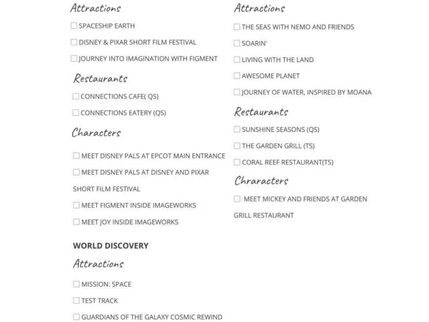 EPCOT Park Checklist And Printable Polka Dots Pixie Dust