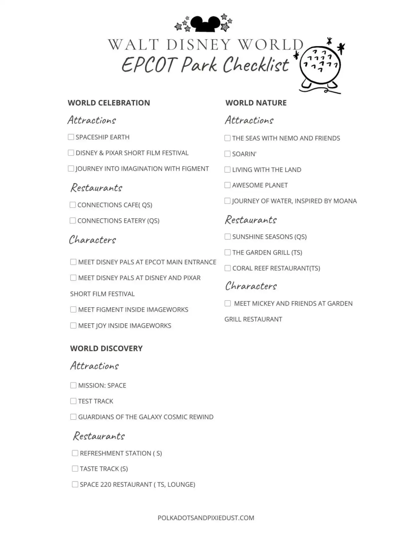 EPCOT Park Checklist And Printable Polka Dots Pixie Dust EPCOT Park Checklist And Printable Polka Dots Pixie Dust