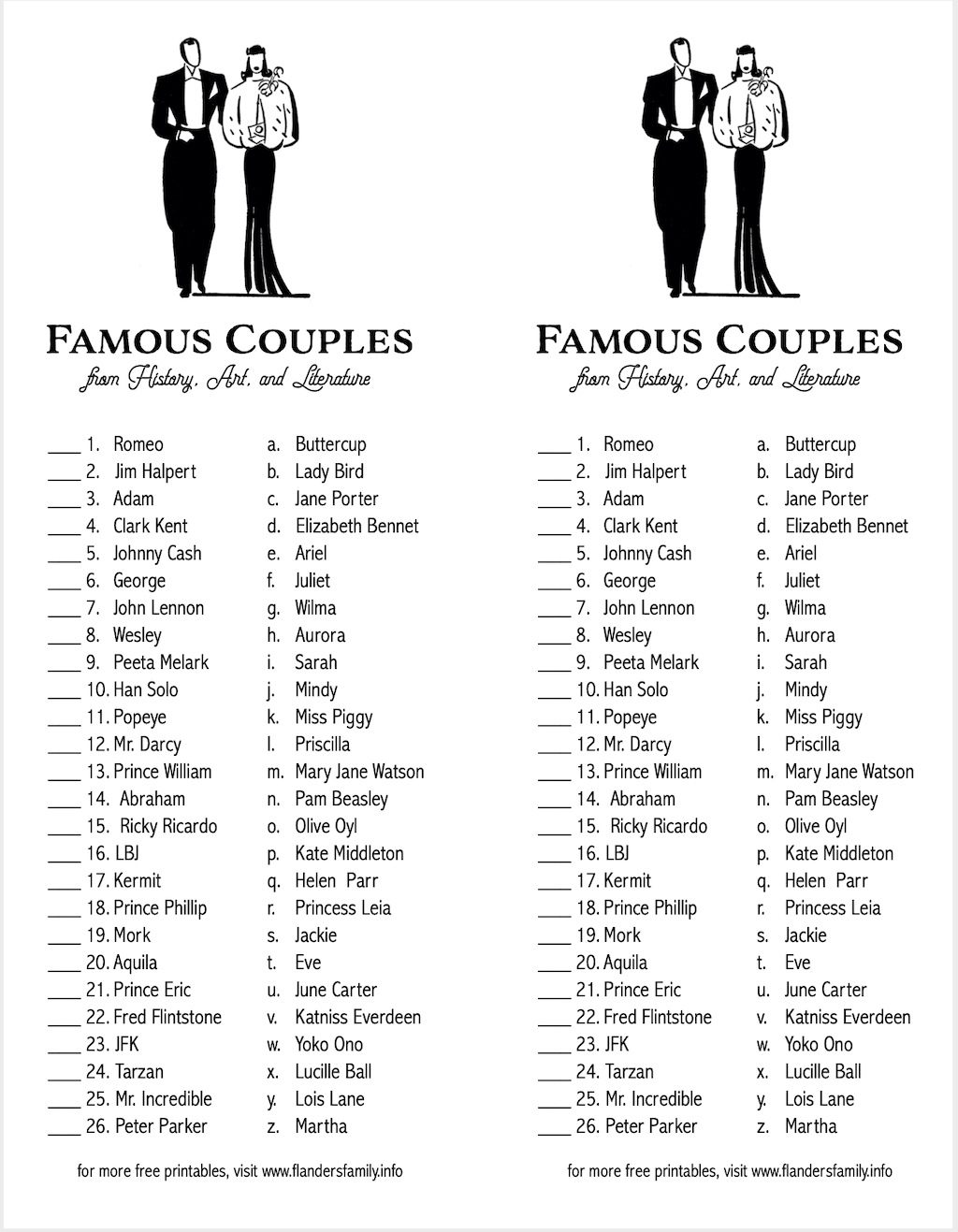 Famous Couples Matching Game Flanders Family Home Life Famous Couples Matching Game Flanders Family Home Life