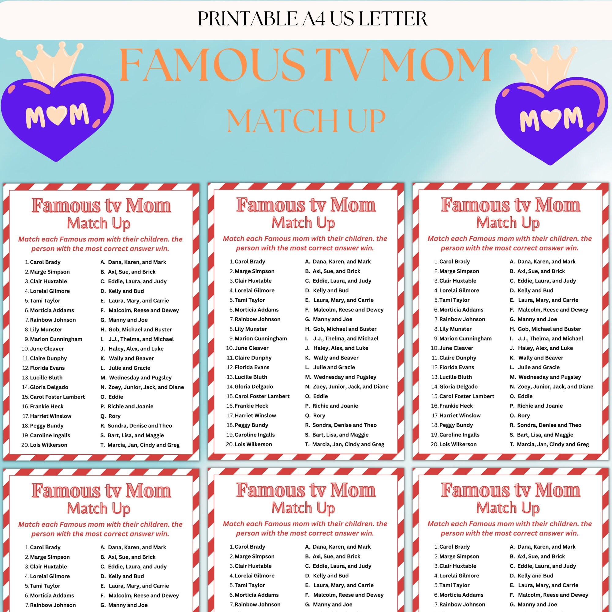 Famous TV Mom Match Up Game Printable printable Activity Family Party Mom Quiz mother s Day Game Etsy