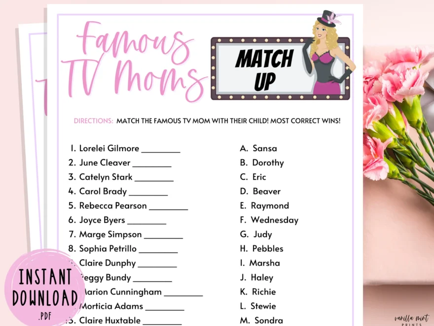 Famous TV Moms Match Up Trivia Game Mothers Day Games Television Trivia Party Games Mother s Day Activities For Kids And Adults Mom Etsy