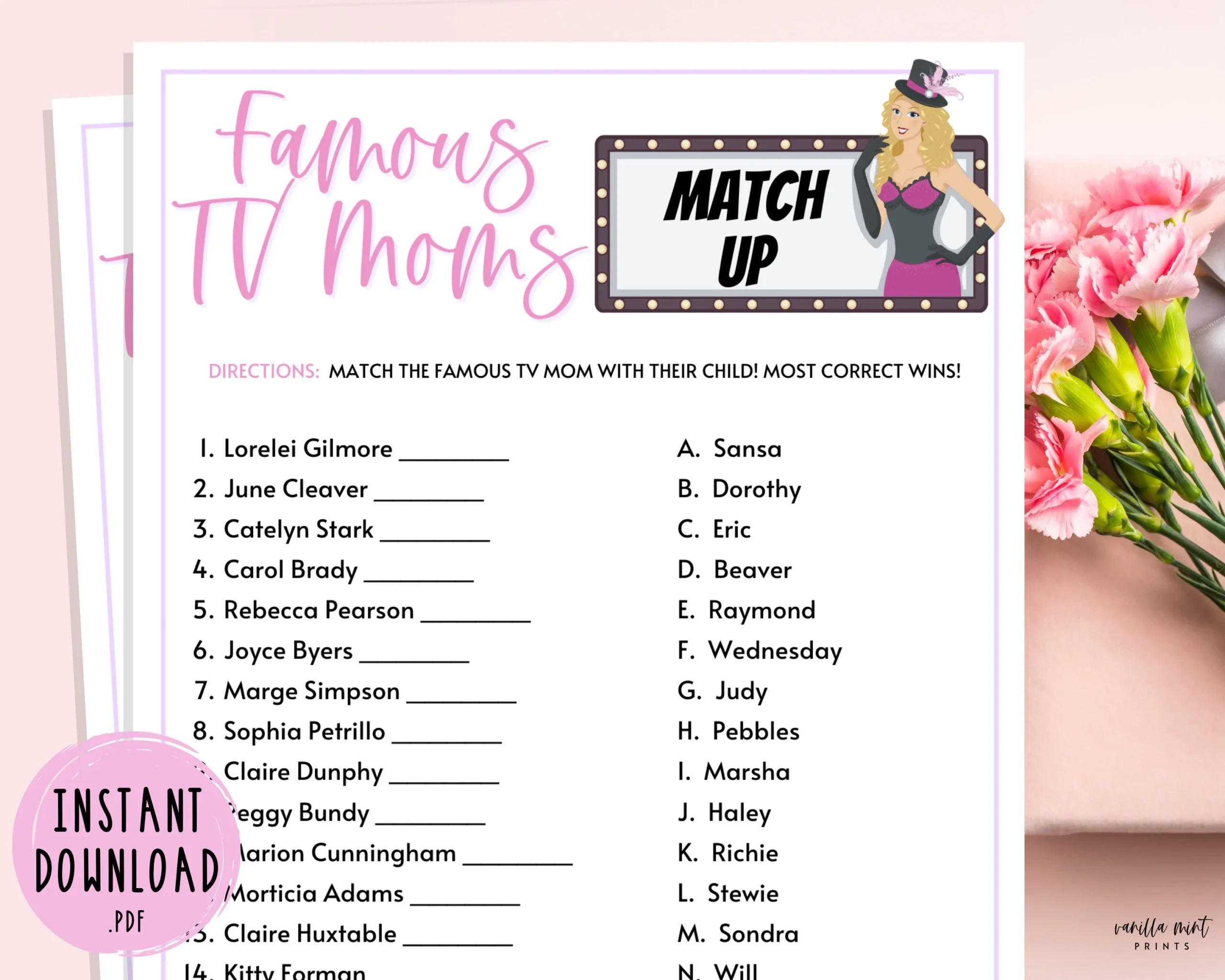 Famous TV Moms Match Up Trivia Game Mothers Day Games Television Trivia Party Games Mother s Day Activities For Kids And Adults Mom Etsy