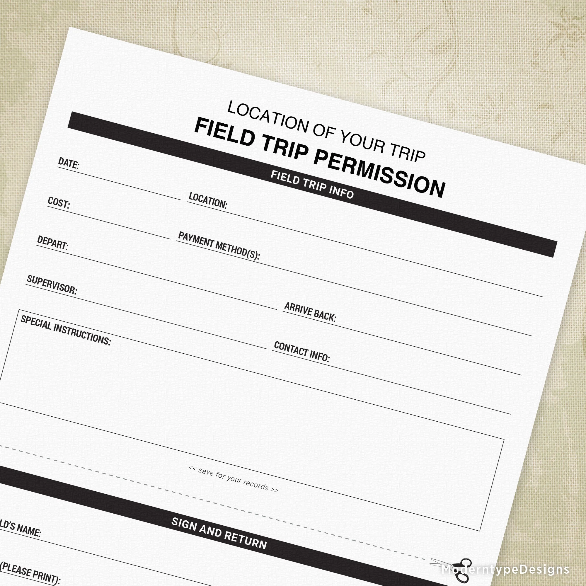 Field Trip Permission Printable Editable