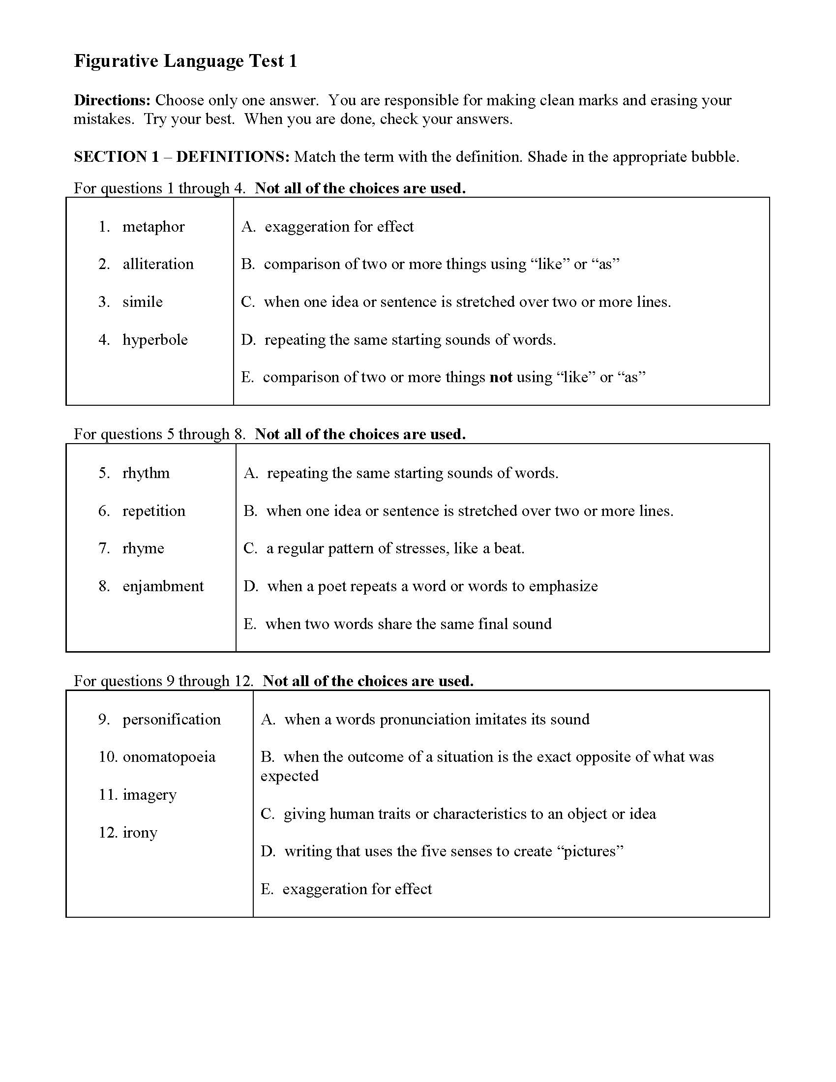 Figurative Language Test 1 Reading Activity Worksheets Library