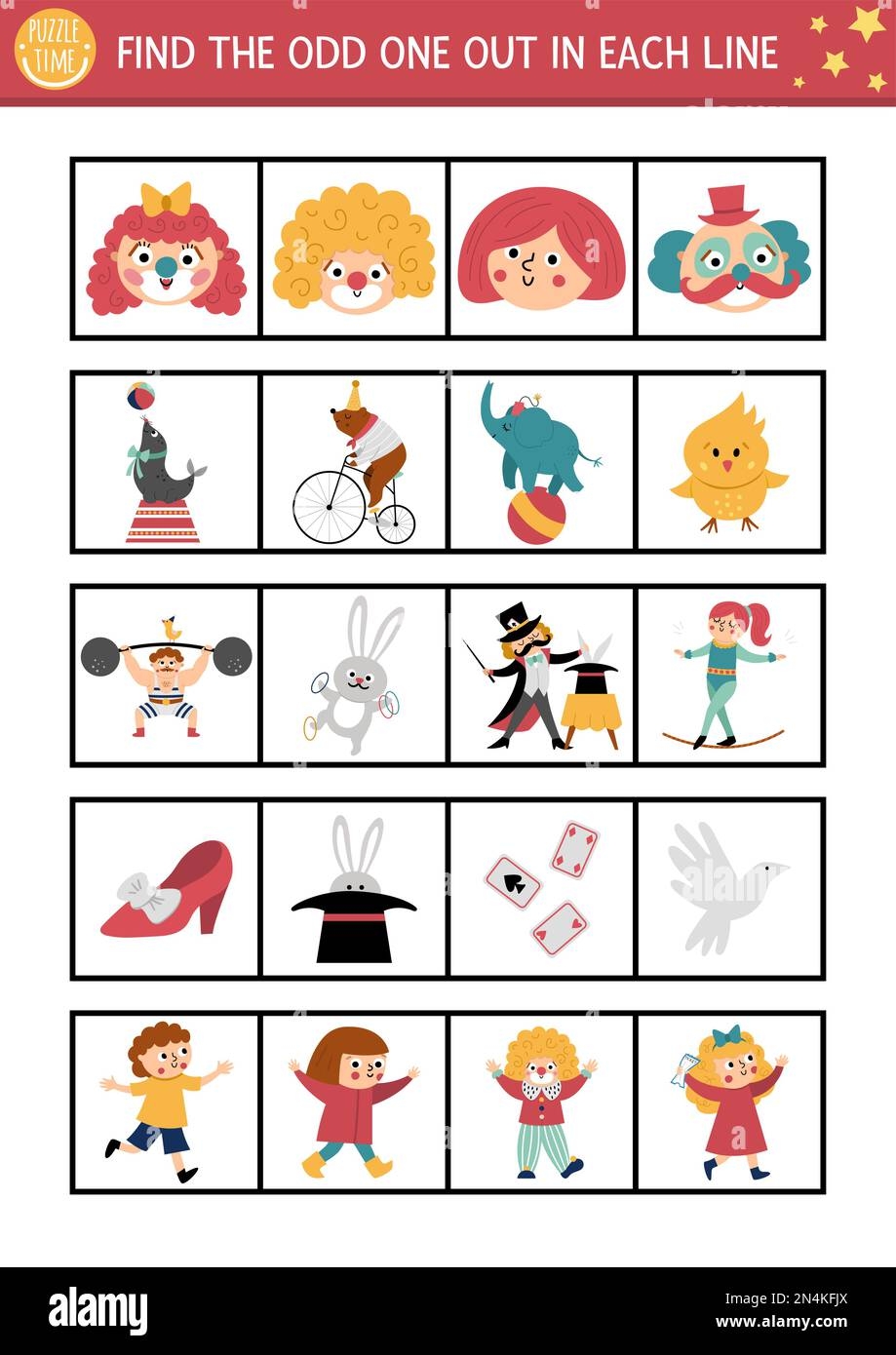 Find The Odd One Out Circus Logical Activity For Children Amusement Show Educational Quiz Worksheet For Kids For Attention Skills Simple Printable Stock Vector Image Art Alamy