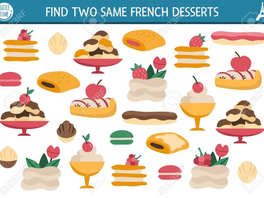 Find Two Same French Desserts Traditional Pastry Matching Activity For Children France Educational Quiz Worksheet For Kids For Attention Skills Simple Printable Game With Cute Eclair Bun Profiterole Royalty Free SVG Cliparts