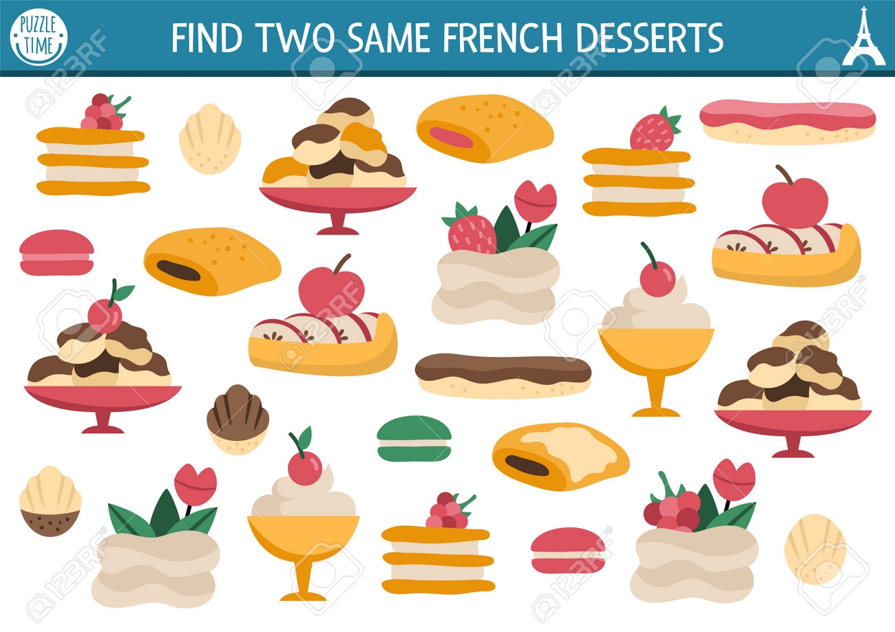Find Two Same French Desserts Traditional Pastry Matching Activity For Children France Educational Quiz Worksheet For Kids For Attention Skills Simple Printable Game With Cute Eclair Bun Profiterole Royalty Free SVG Cliparts Find Two Same French Desserts Traditional Pastry Matching Activity For Children France Educational Quiz Worksheet For Kids For Attention Skills Simple Printable Game With Cute Eclair Bun Profiterole Royalty Free SVG Cliparts