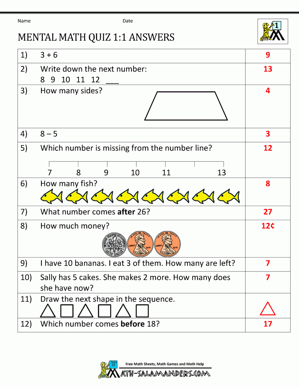 First Grade Mental Math Worksheets First Grade Mental Math Worksheets