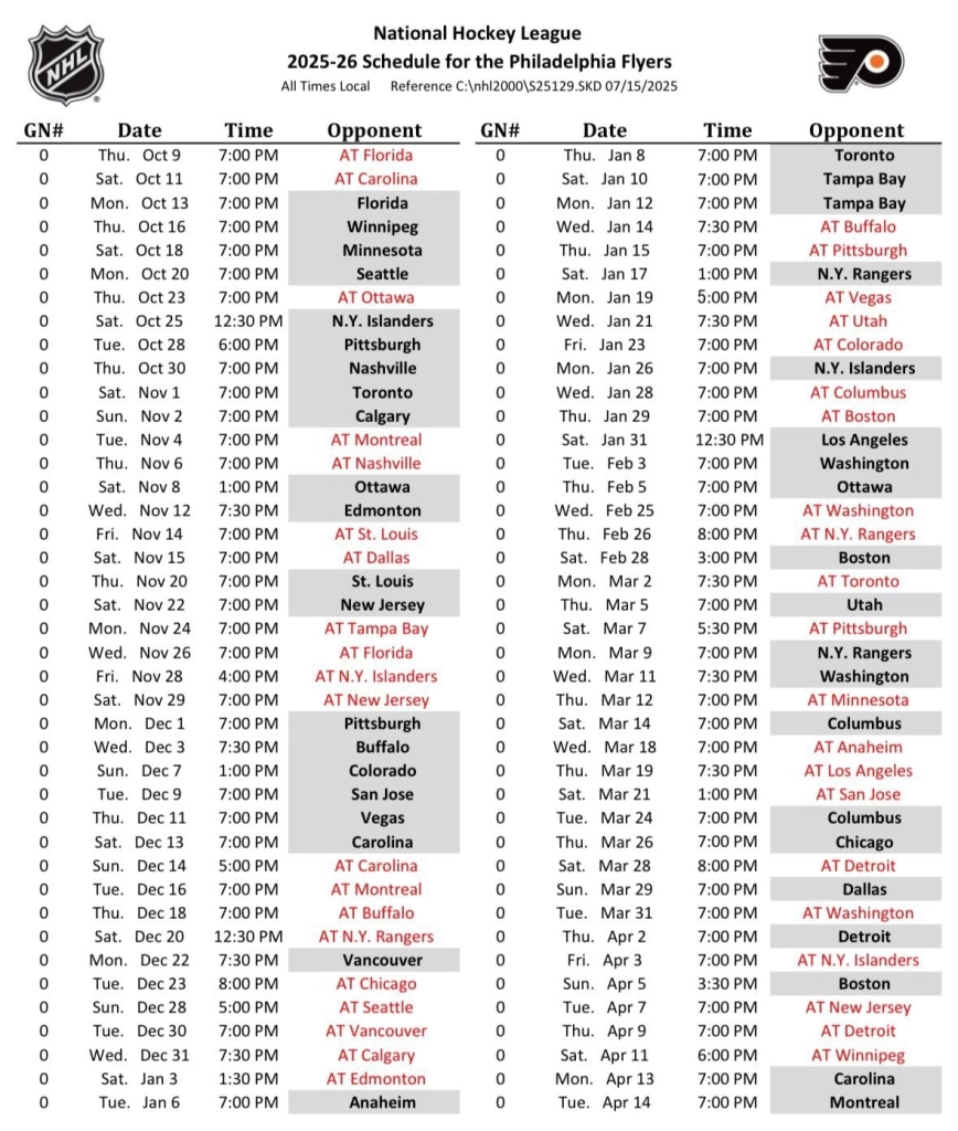 Flyers Schedule 2025-26 Printable