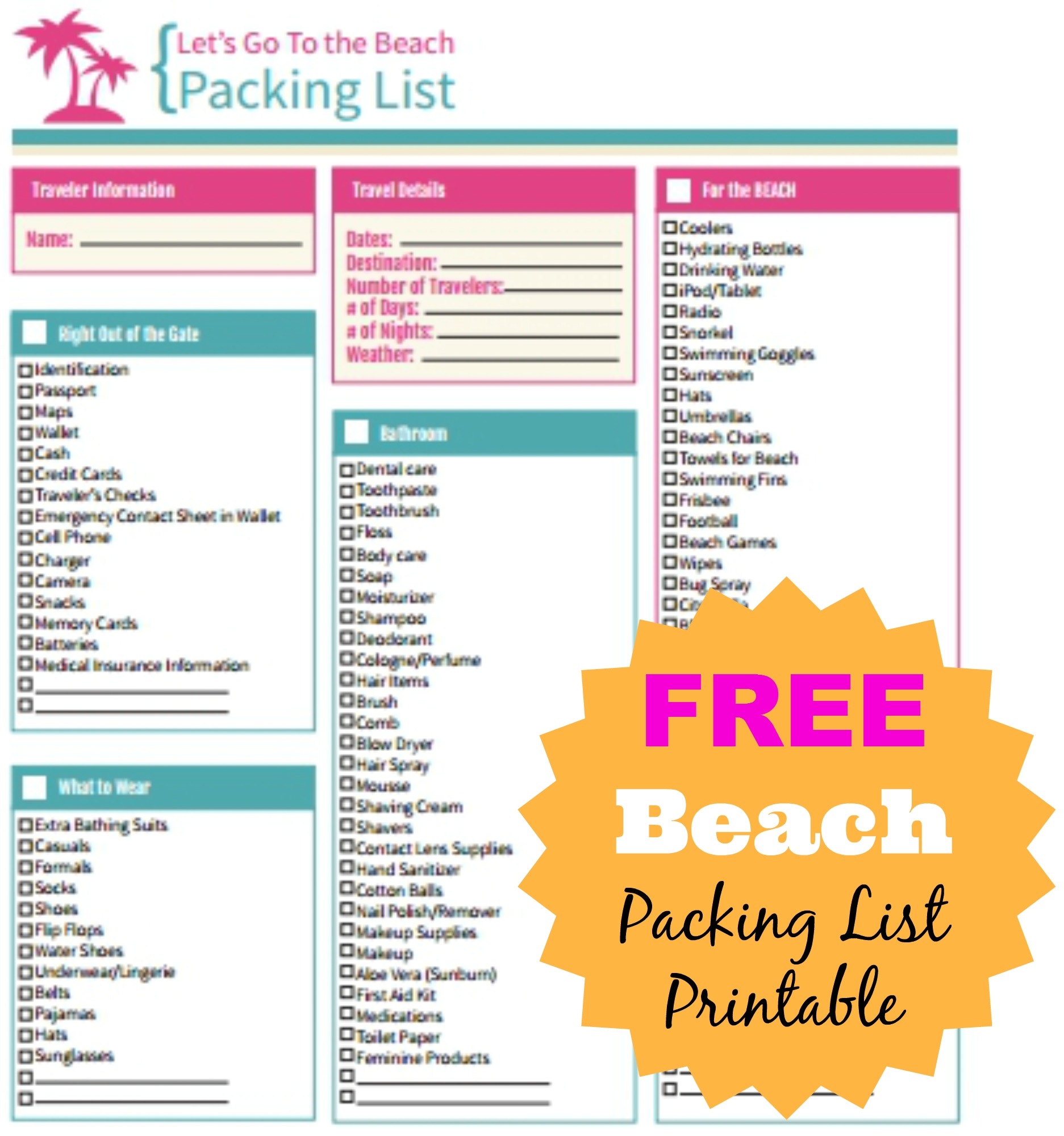 Free Printable Beach Packing List