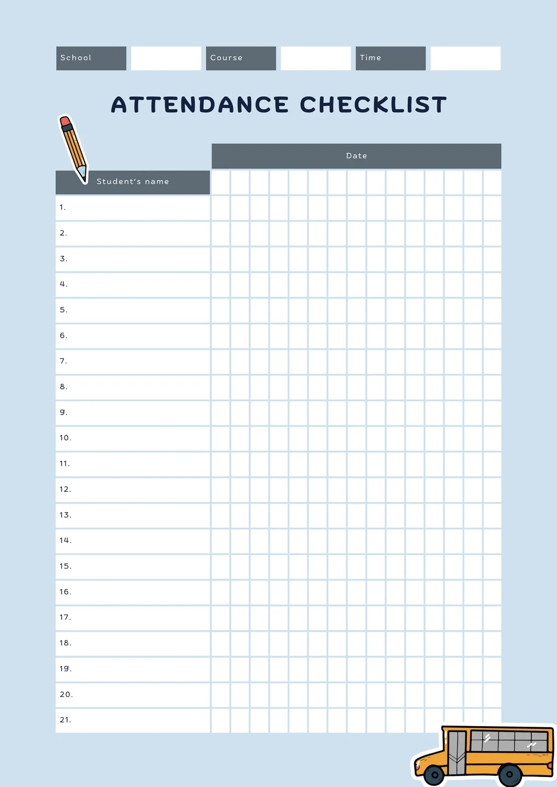 Classroom Attendance Sheet Printable