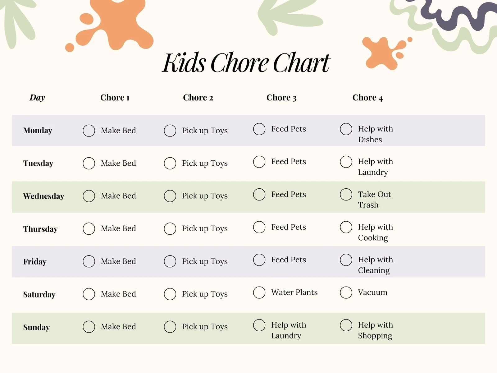 Kid Chores Printable Chart Kid Chores Printable Chart