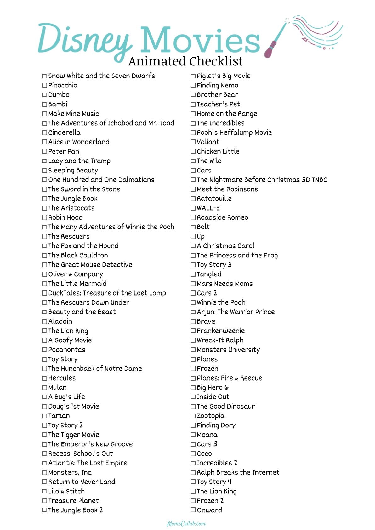 Free Disney Movies List Of 500 Films On Printable Checklists