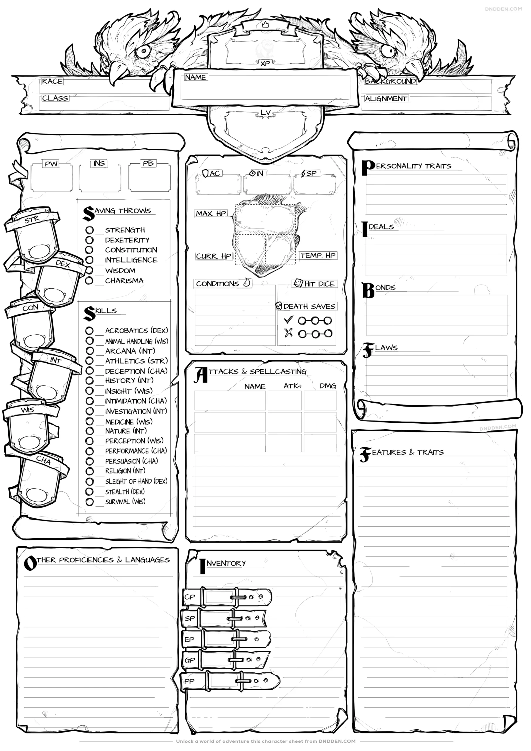 D&D Printable Character Sheet 5e