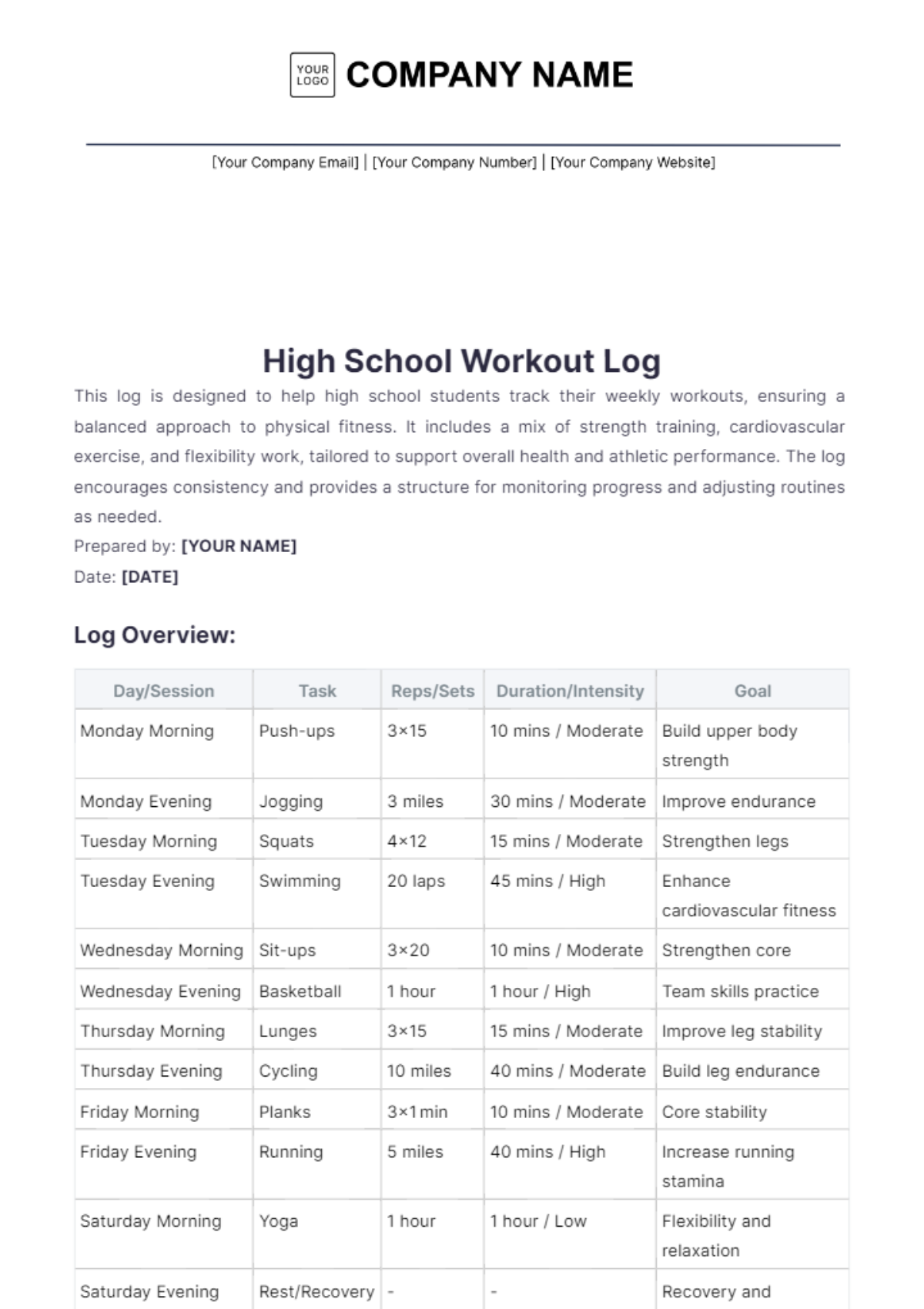 Free High School Workout Log Template To Edit Online Free High School Workout Log Template To Edit Online