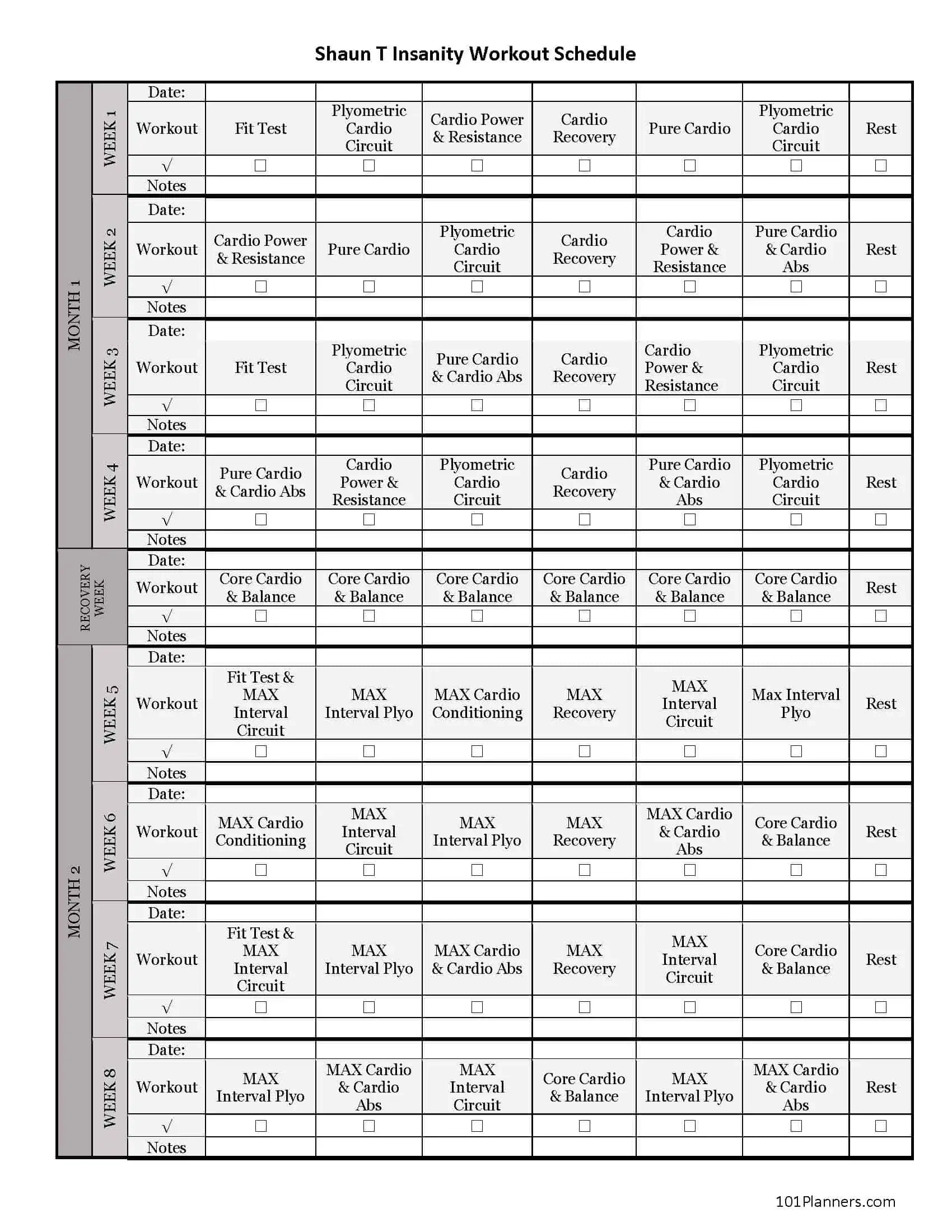 Printable Insanity Workout Schedule