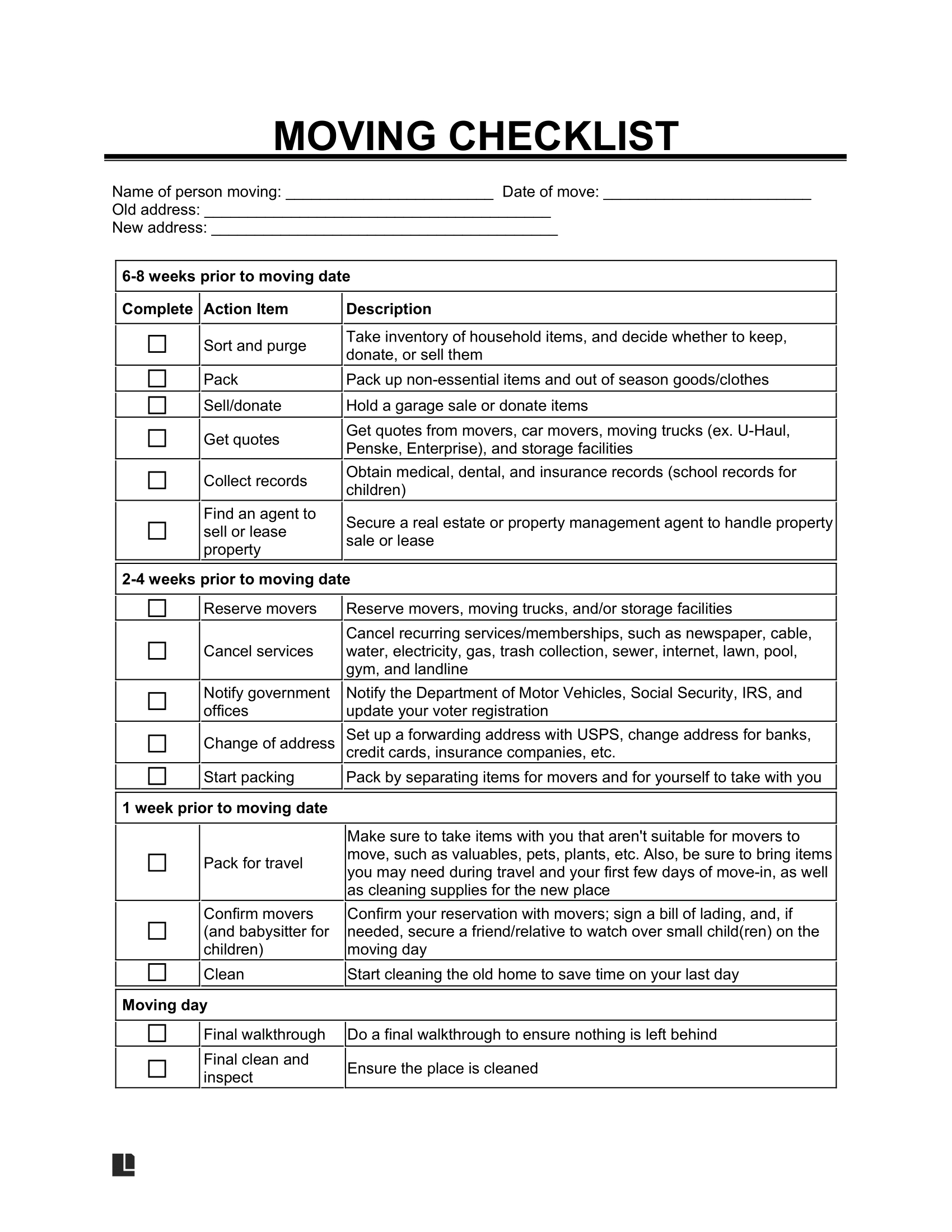 Free Moving Checklist Template Printable PDF Word Free Moving Checklist Template Printable PDF Word