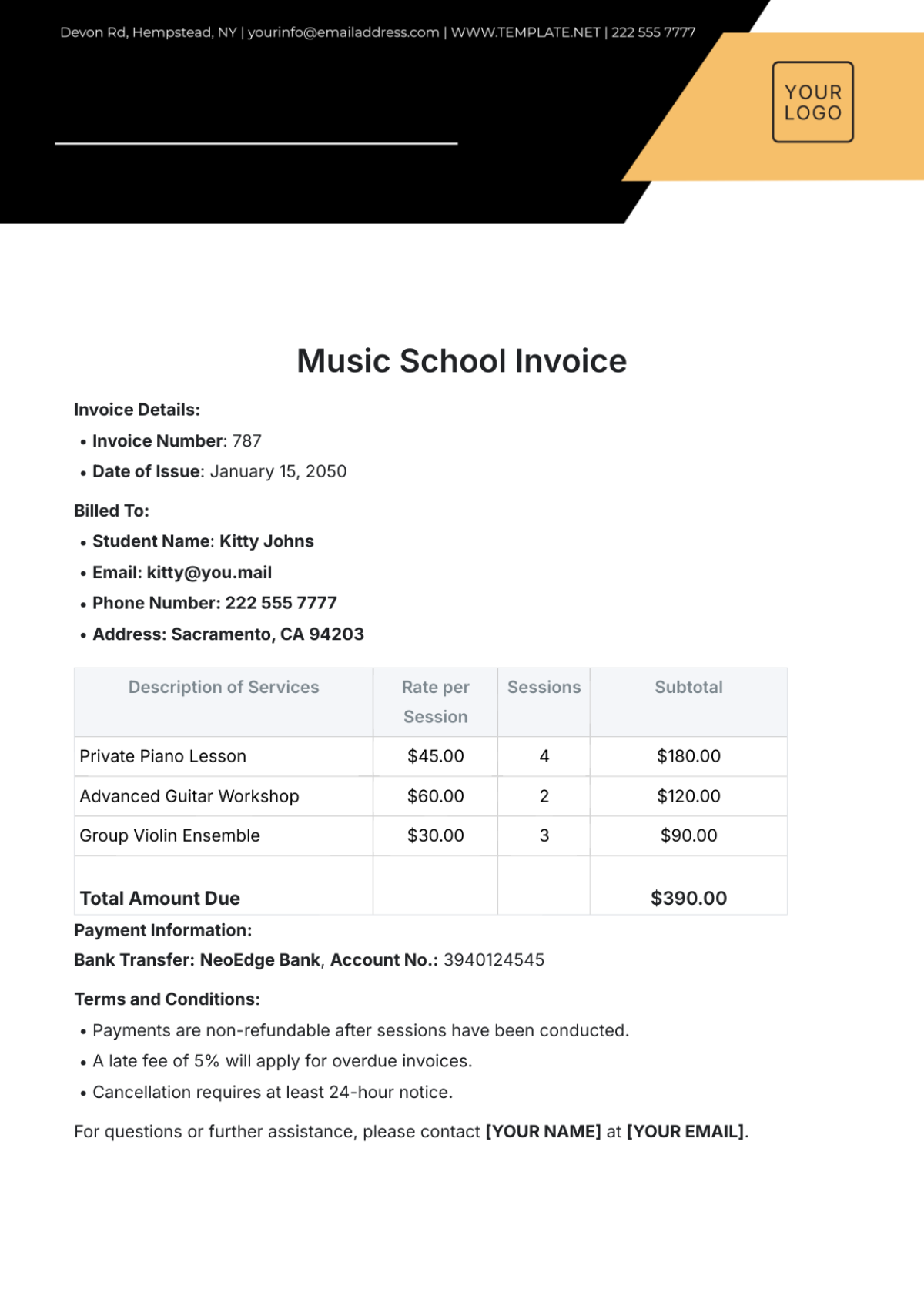 Free Music School Invoice Template To Edit Online
