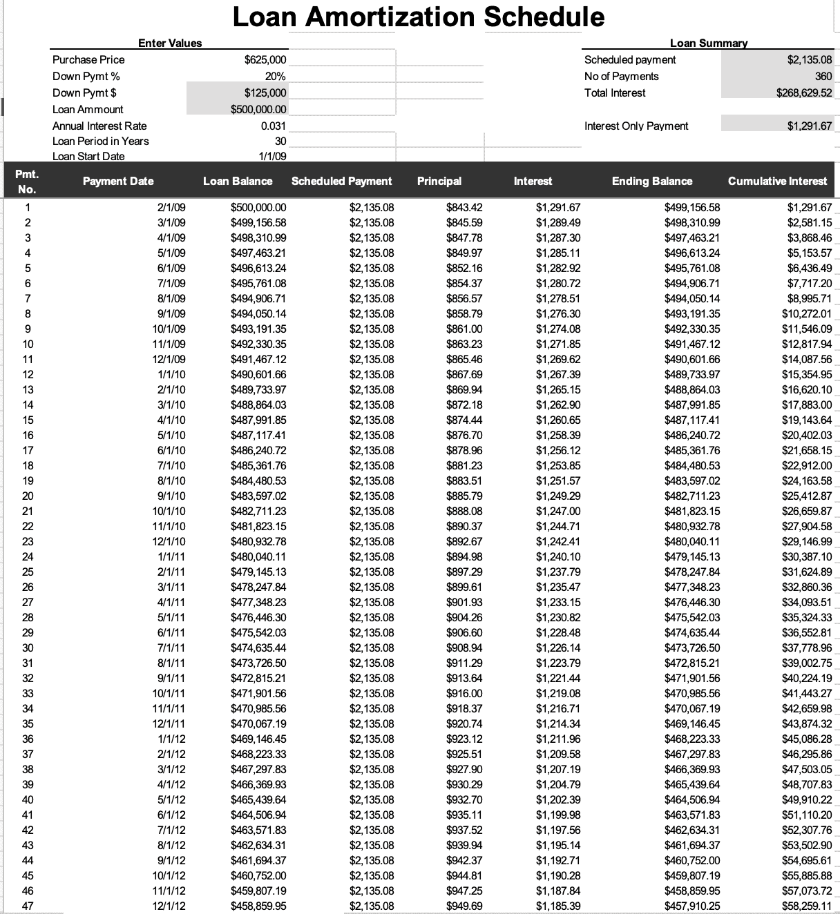 Printable Daily Amortization Schedule