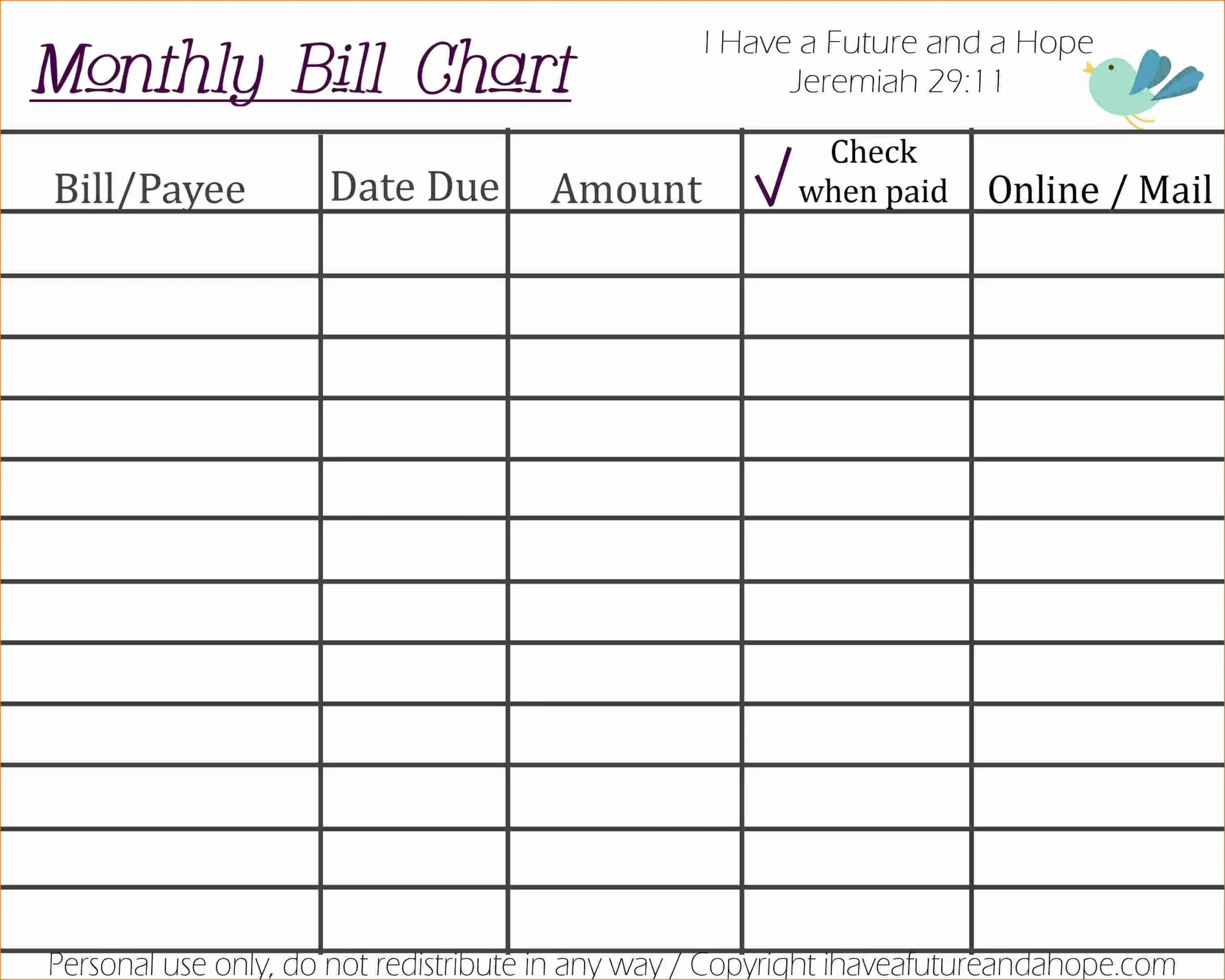 Printable Bill Pay Chart