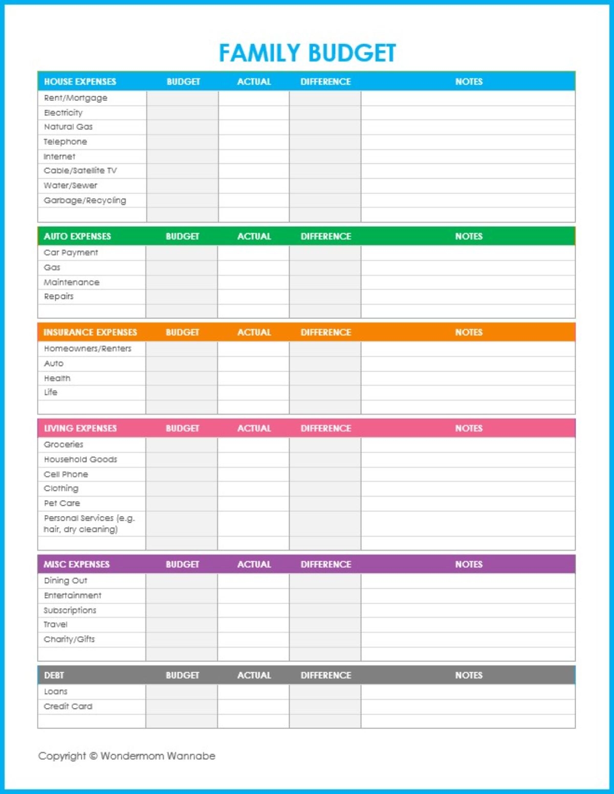 Budget Sheet For Household Printable