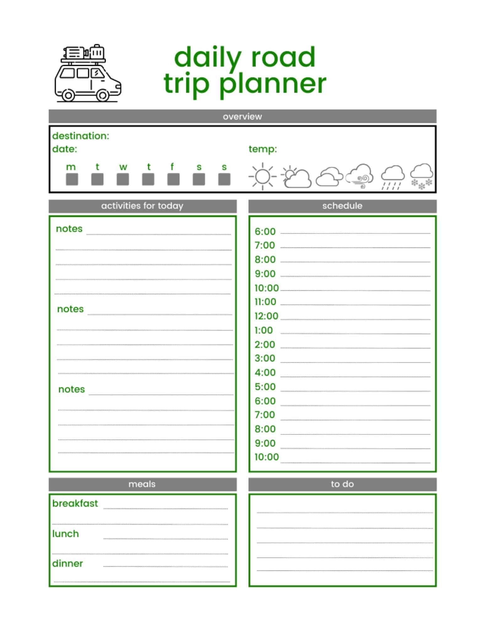 Camping Road Trip Itinerary Planner Printable