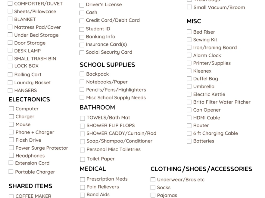Free Printable College Packing List Tiaras Tantrums