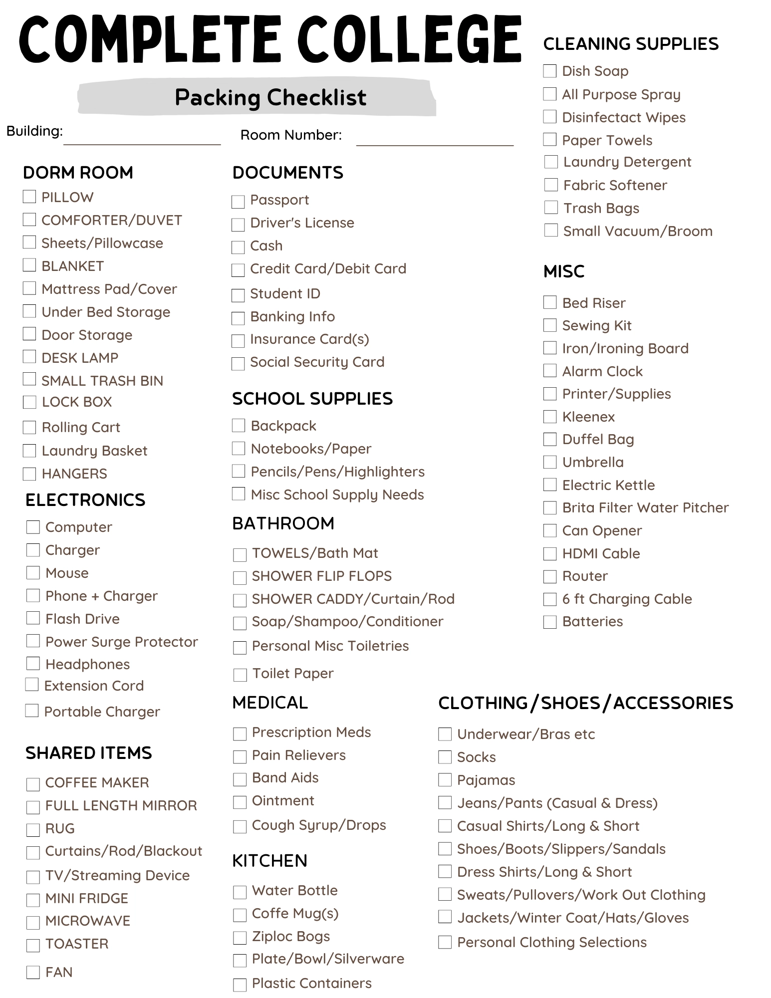 Free Printable College Packing List Tiaras Tantrums