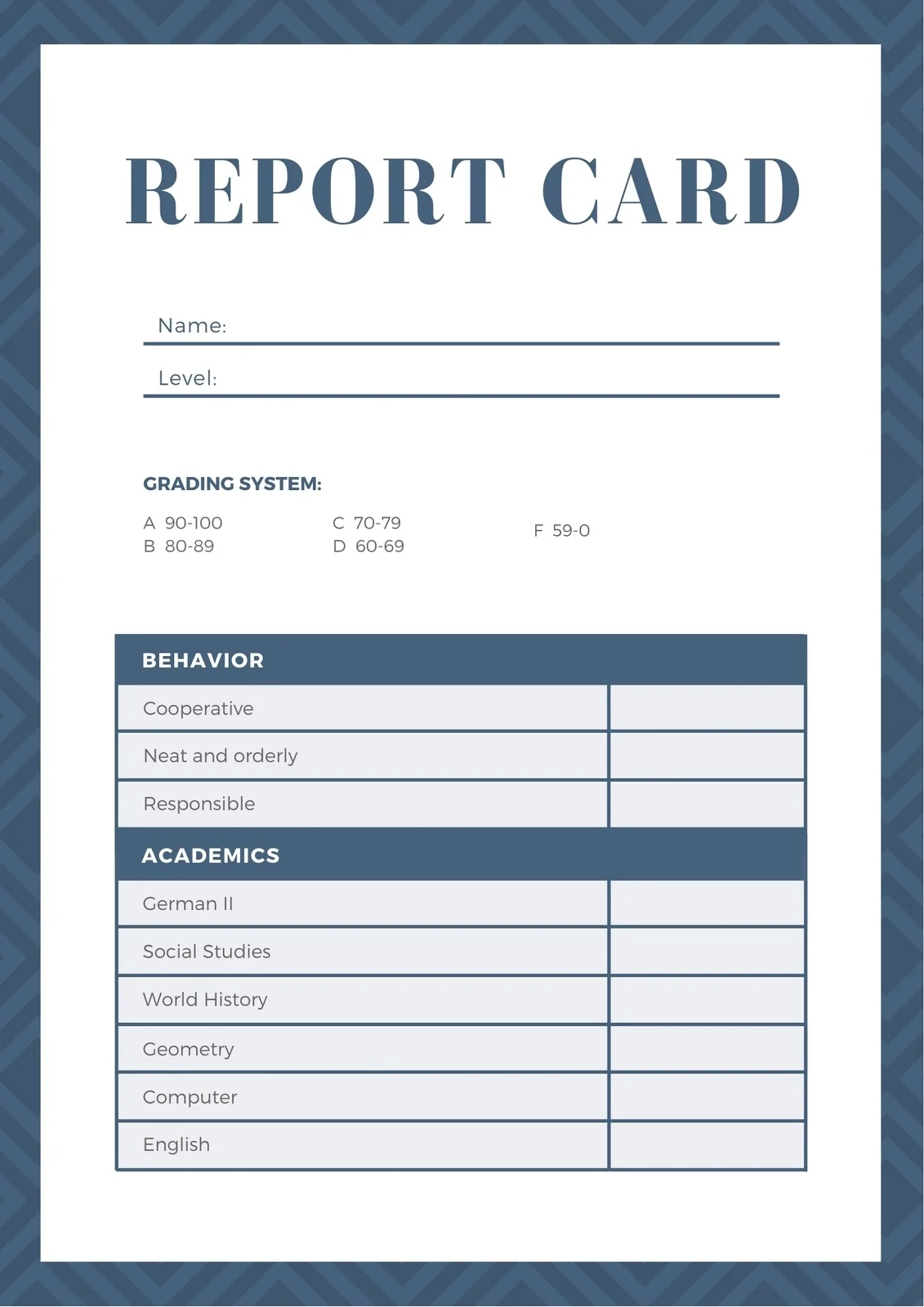 Printable Report Card Chart Editable