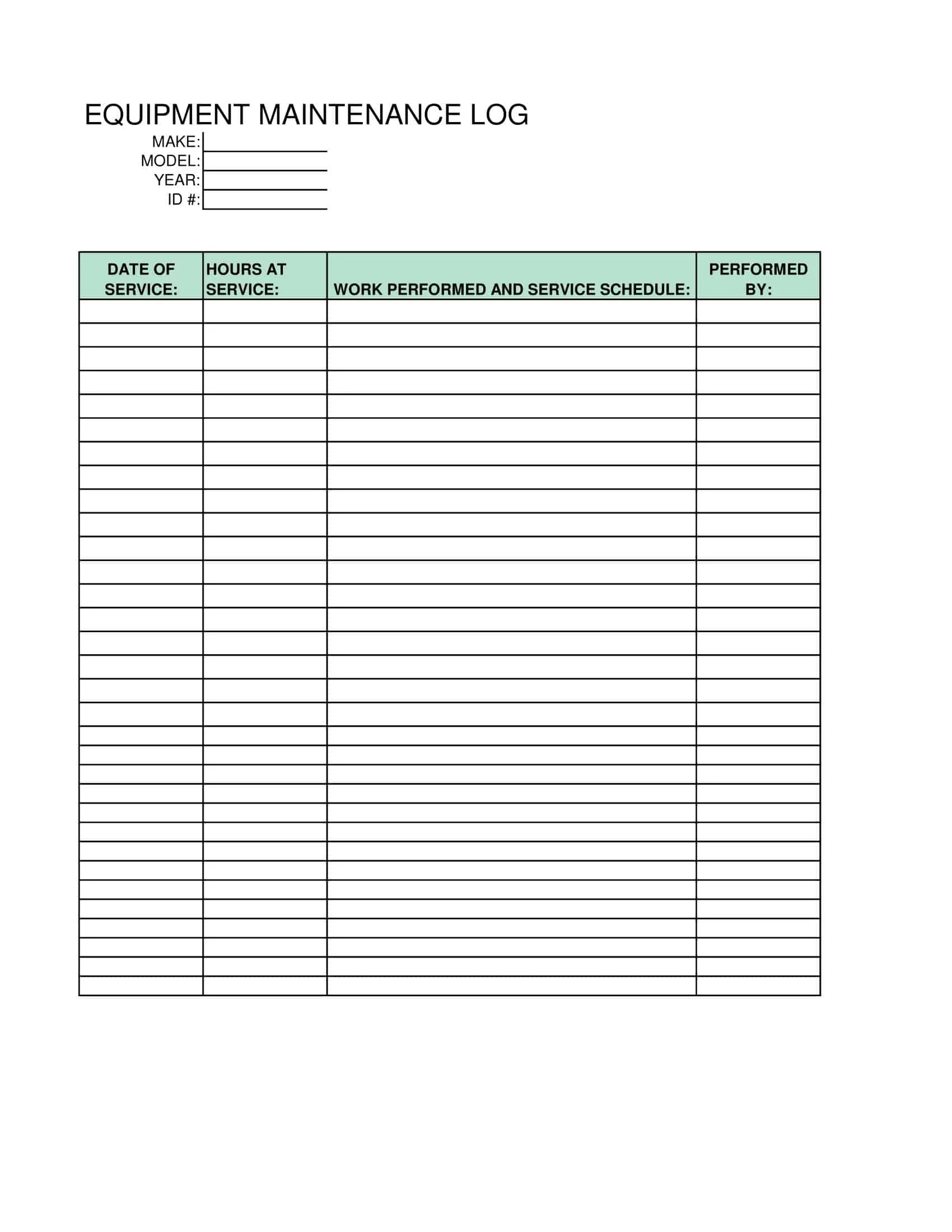 Free Printable Equipment Maintenance Log Templates PDF Excel 