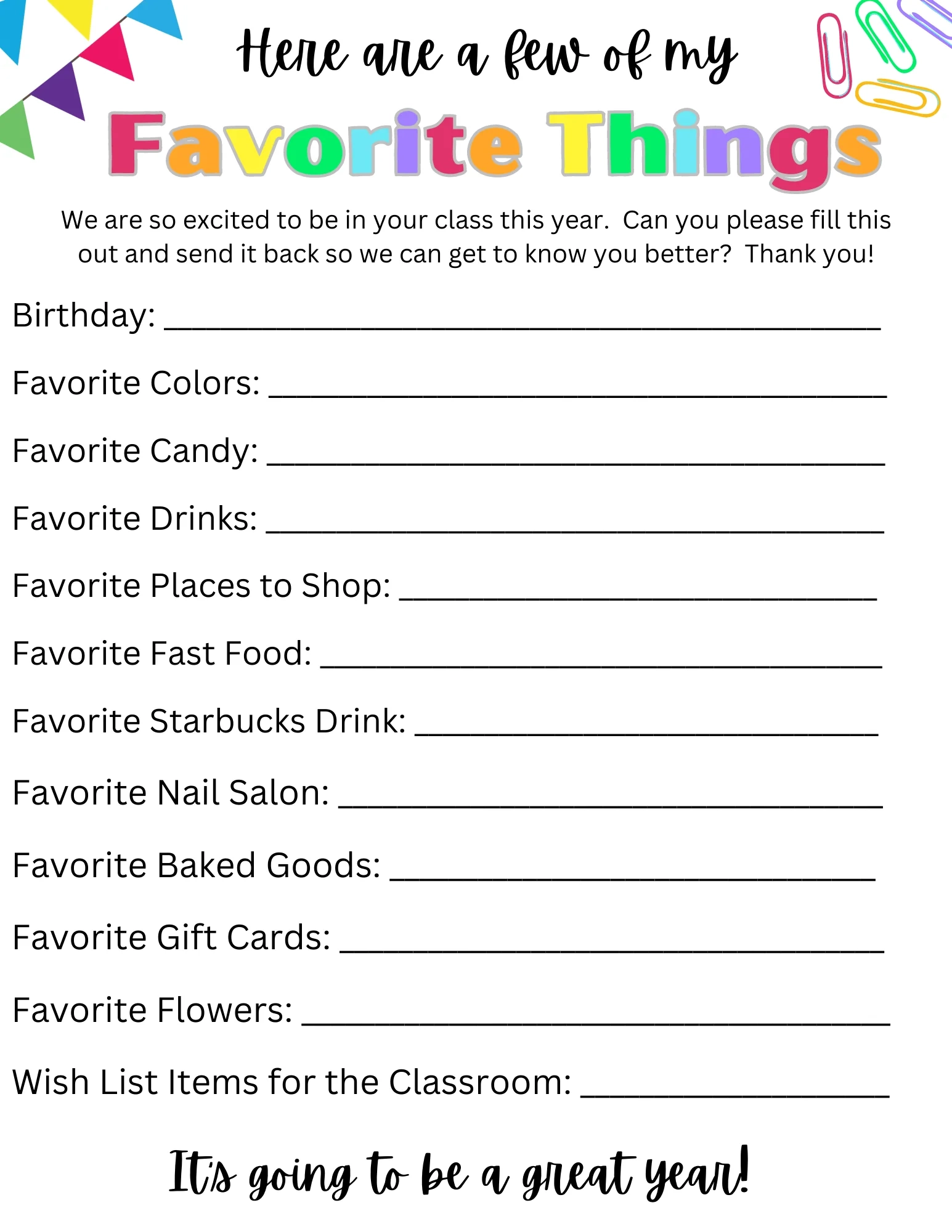 Free Printable Favorite Things List Printable Party Favors