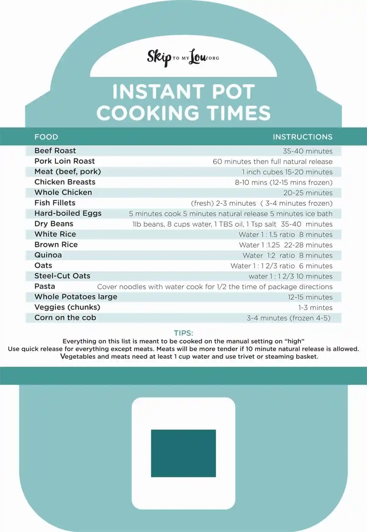 Instant Pot Cheat Sheet Printable